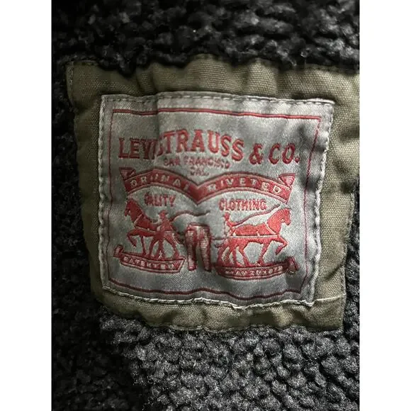 LEVI’S Sherpa MEDIUM Trucker Brown Military Jacket Removable Hood - Picture 11 of 13